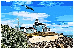 Seagull Flies By Watch Hill Lighthouse -Digital Painting